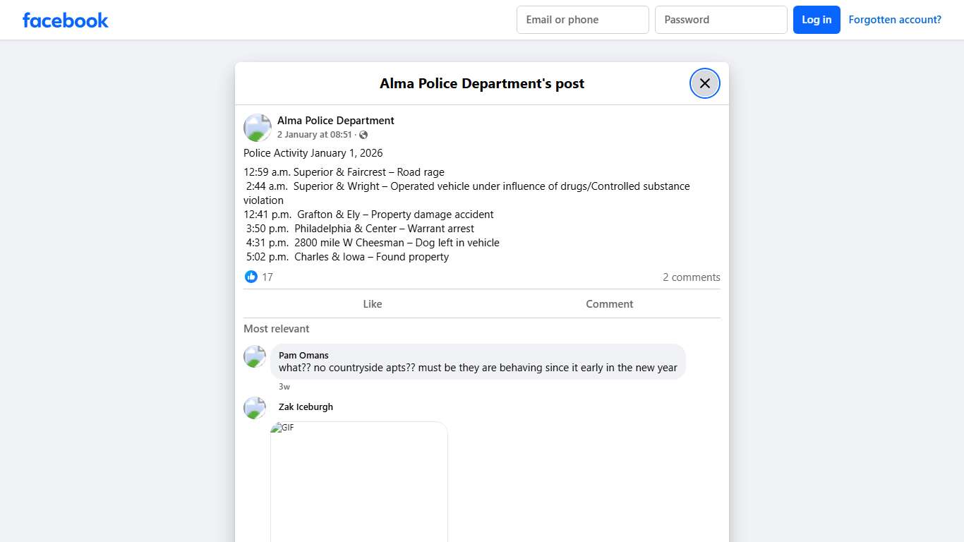 Police Activity January 1, 2026... - Alma Police Department Facebook